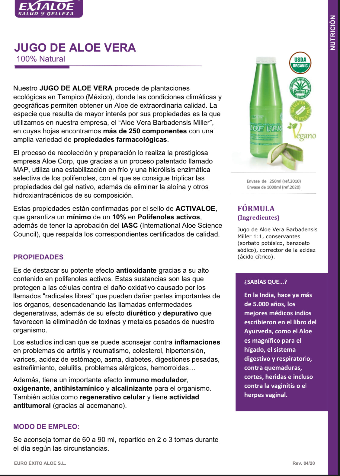 JUGO ALOE 100% NATURAL 1000ml ESTABILIZADO EN FRÍO